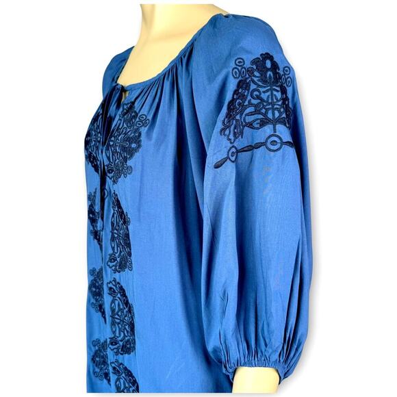 Solitaire Embroidered Oversized Tunic Top Bohemian Blouse Peasant Size L Blue - Picture 7 of 13